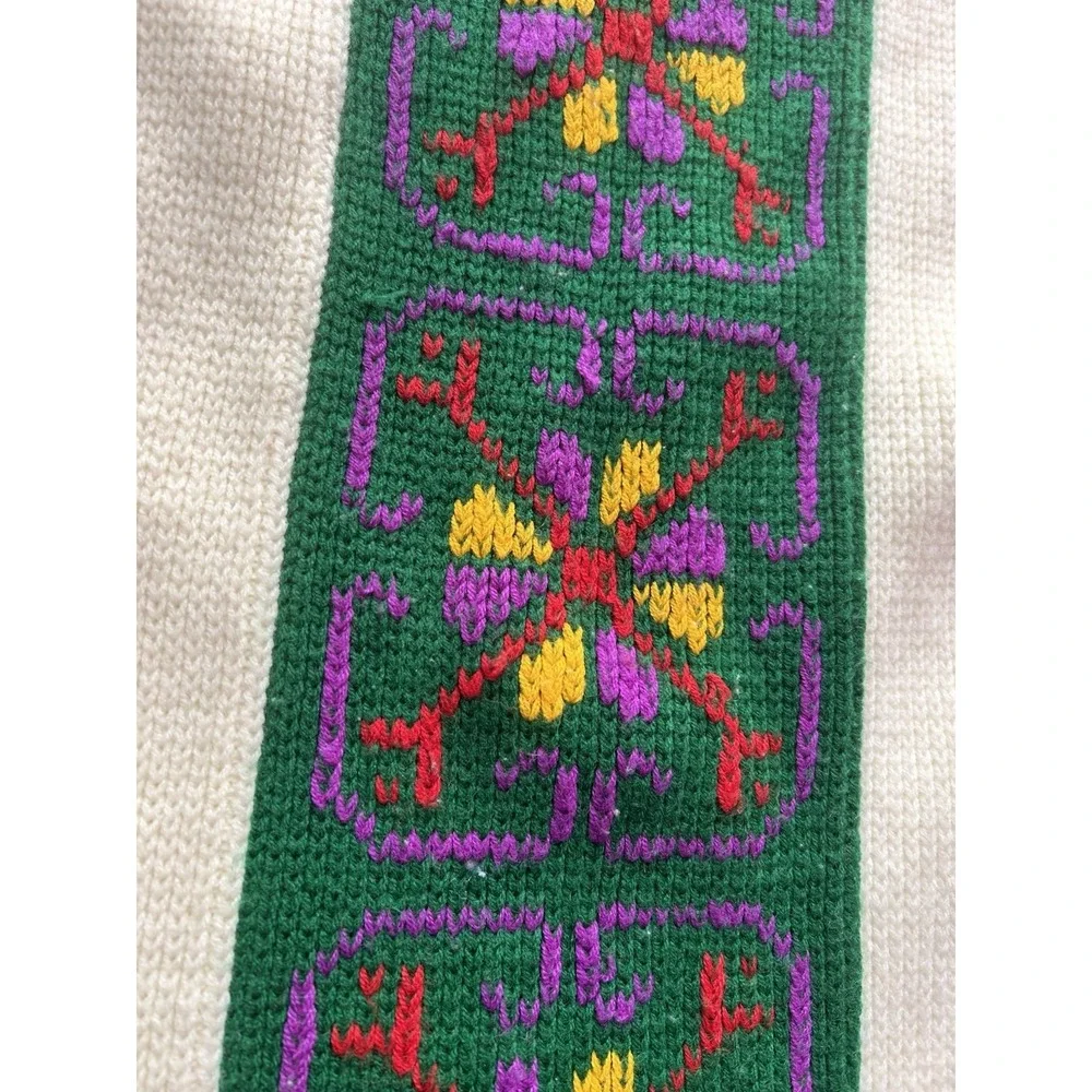 Vintage 60s Ivory Retro Floral Nordic Mod Embroidered Sweater Sz L - Picture 2 of 4